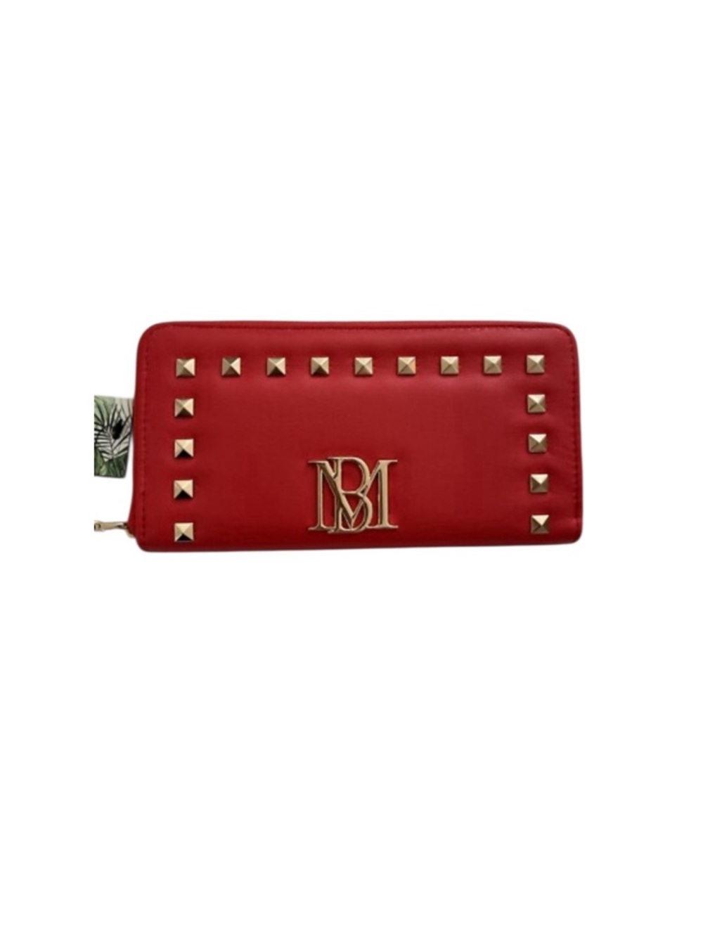 Badgley Mischka Red Vegan Leather Studded Zip Around Wallet